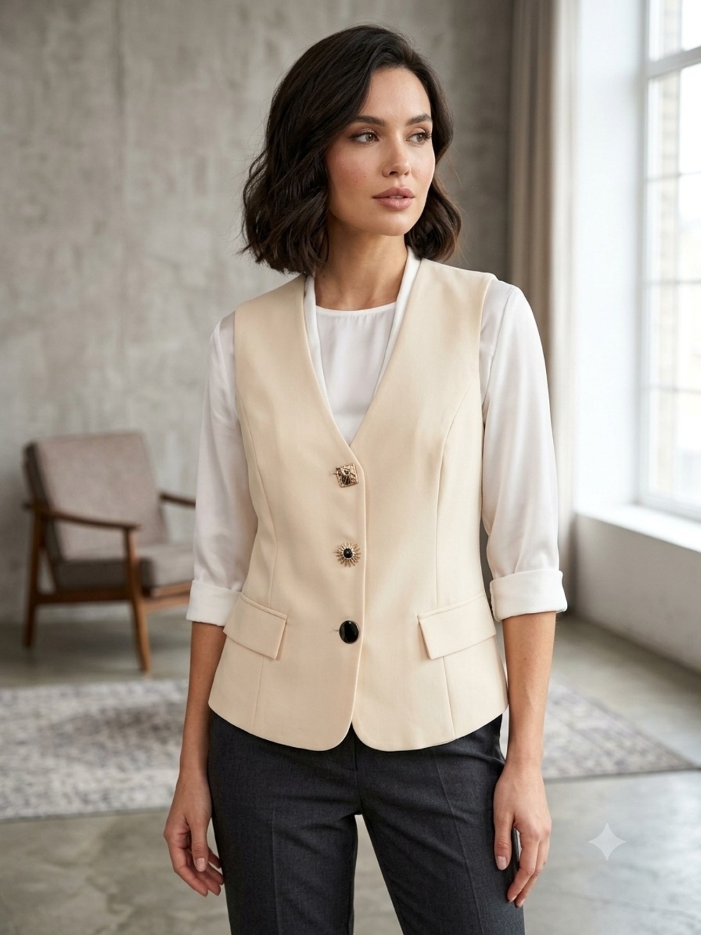 Tailored Butter Yellpw V-Neck Button Vest - XL